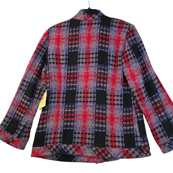 Button Front Jacquard Blazer Medium Red Black Purple Abstract Textured Mandarin - Picture 6 of 10